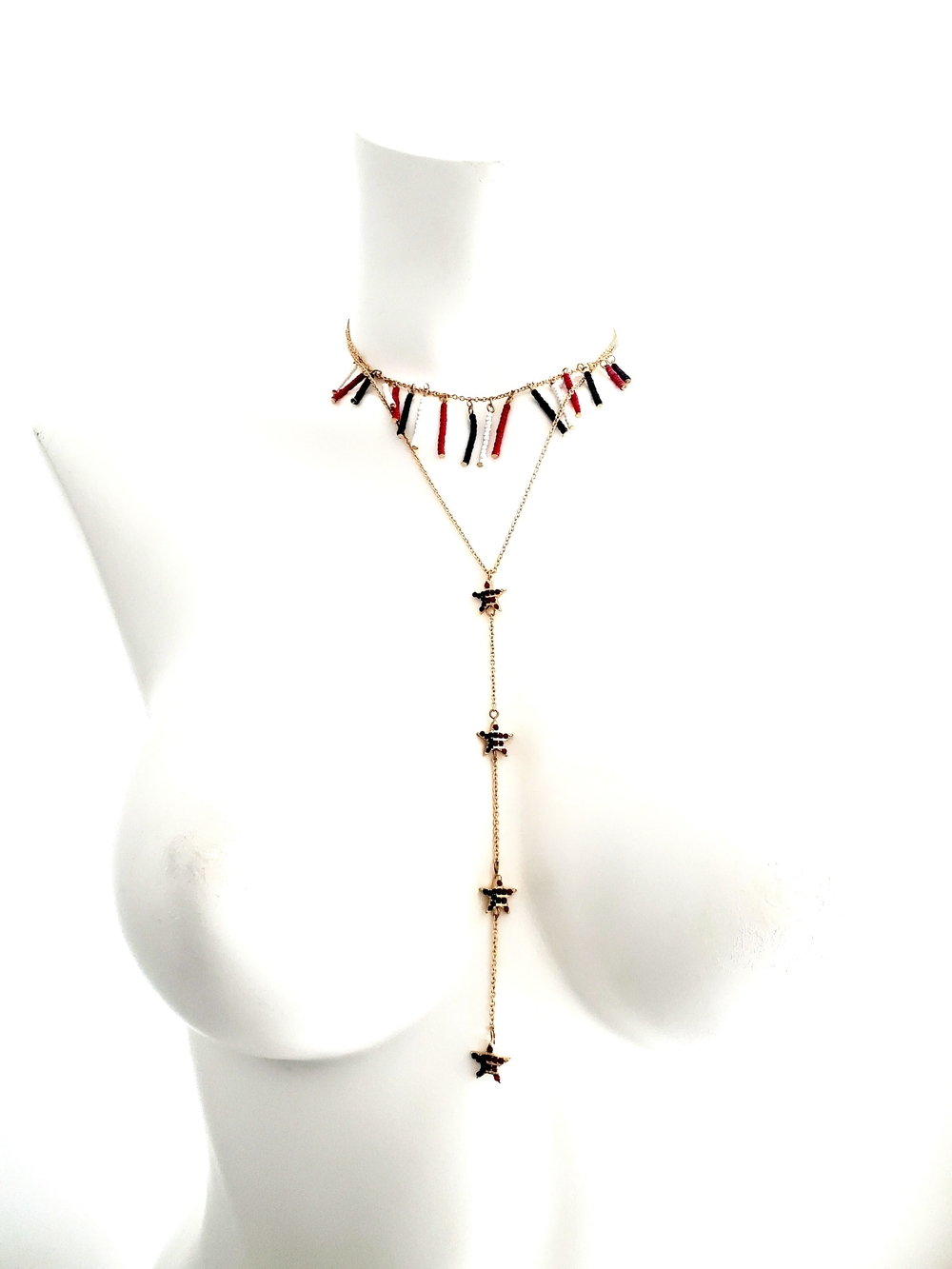 Gold Lariat Necklace with Red, Black and White Tassels